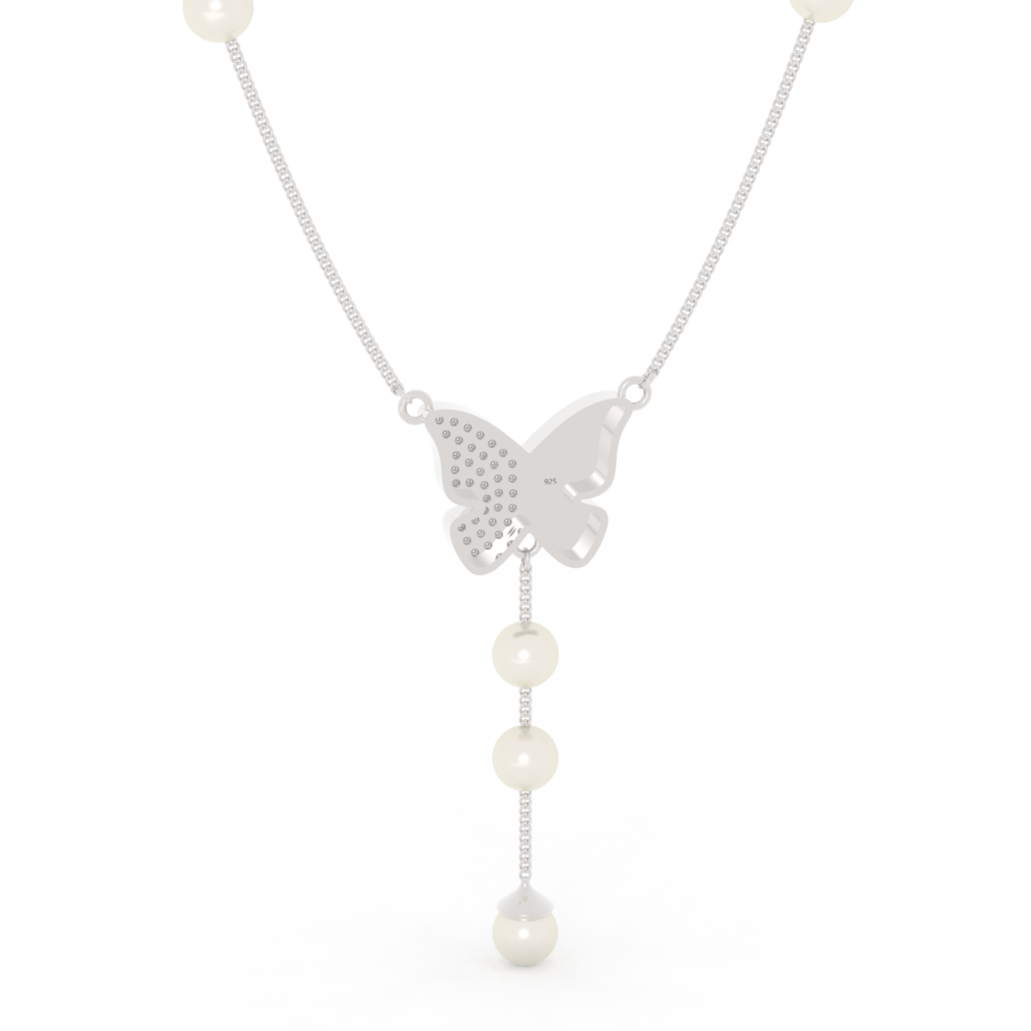 Adorable Butterfly Pearl Y Shape Necklace, Hallmarked 925 Sterling Silver